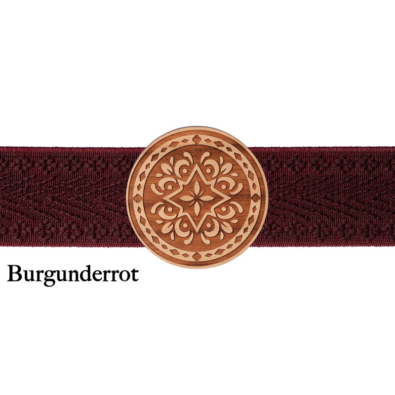 Dirndlschließe Holz rundes Design mit dunkelrotem Band