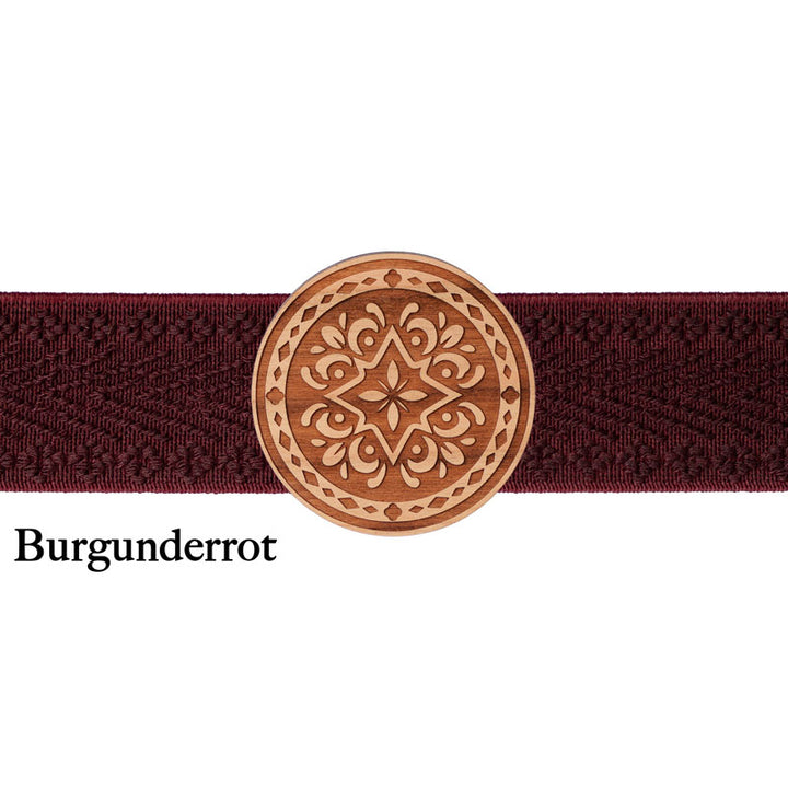 Dirndlschließe Holz rundes Design mit dunkelrotem Band
