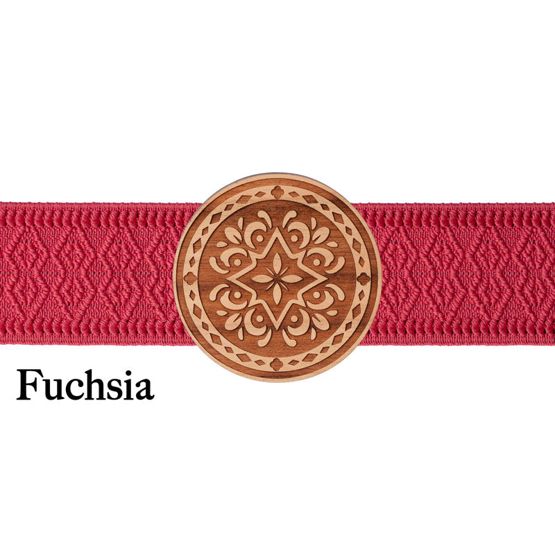Schließe für Dirndlschürze rundes Holzdesign mit pinkem Band