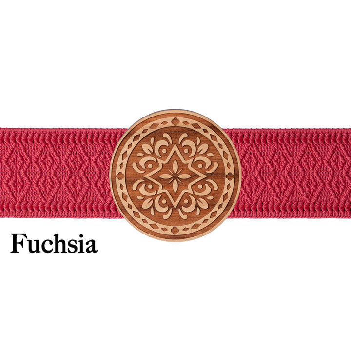 Schließe für Dirndlschürze rundes Holzdesign mit pinkem Band