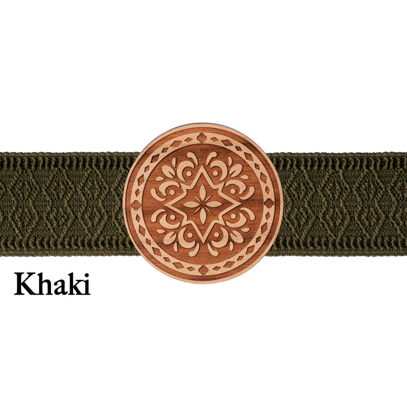 Dirndl Schnalle Holz rund mit khakifarbenem Band