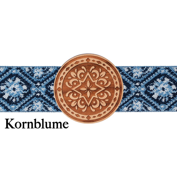 Trachten Schließe Holz rund mit blau gemustertem Band