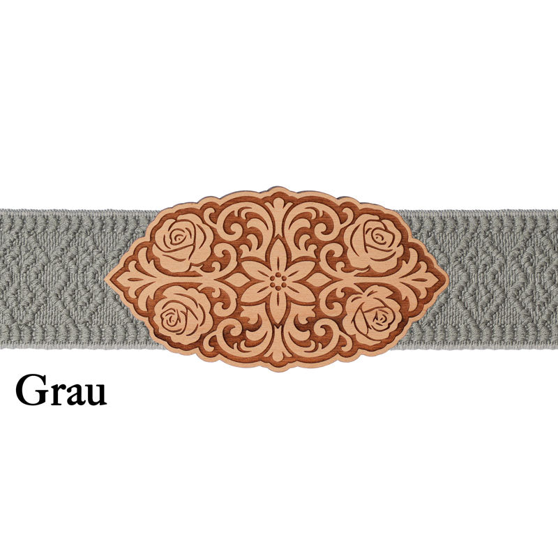 Dirndlschürze Schließe aus Holz mit grauem Band und schlichter hochwertiger Optik