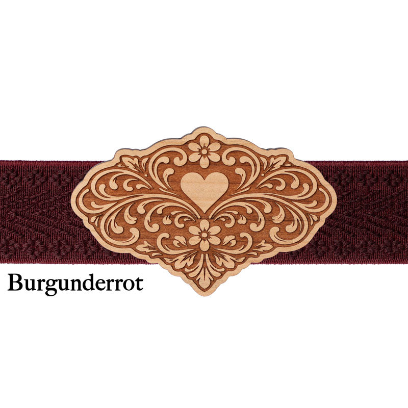 Dirndl Schnalle aus Holz mit dunkelrotem Band passend für klassische Dirndl Looks