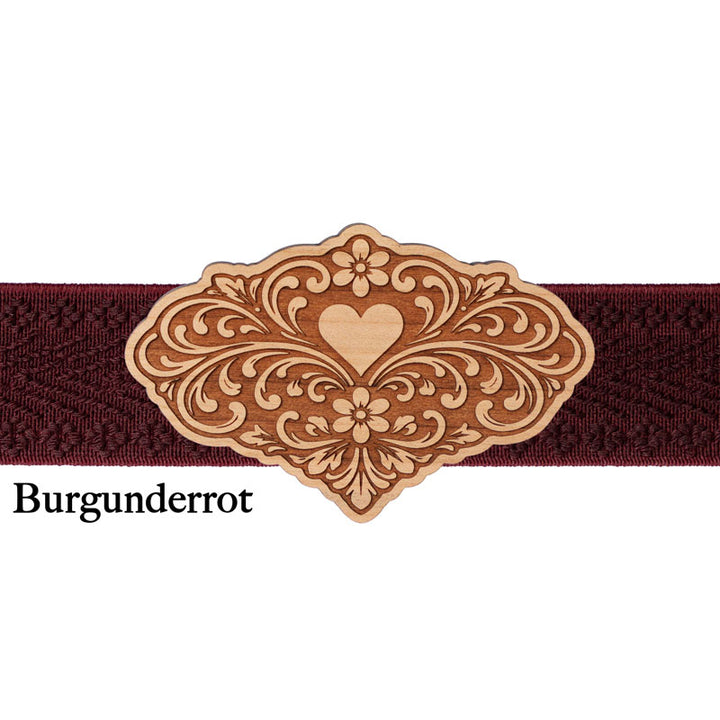 Dirndl Schnalle aus Holz mit dunkelrotem Band passend für klassische Dirndl Looks