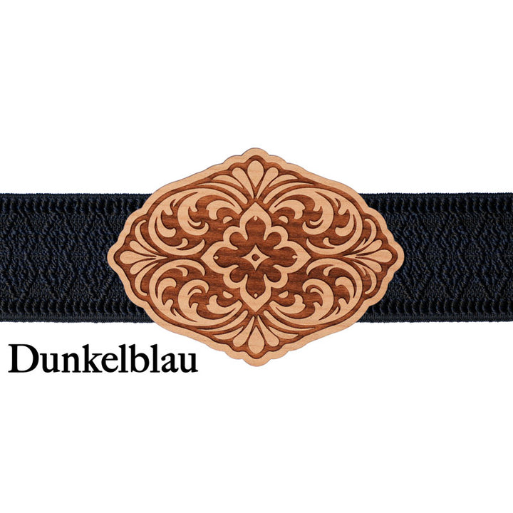 Schürzenschließe aus Holz mit dunkelblauem Band