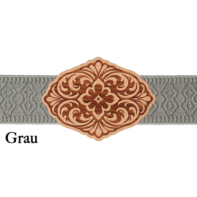 Schürzenschließe aus Holz mit grauem Band