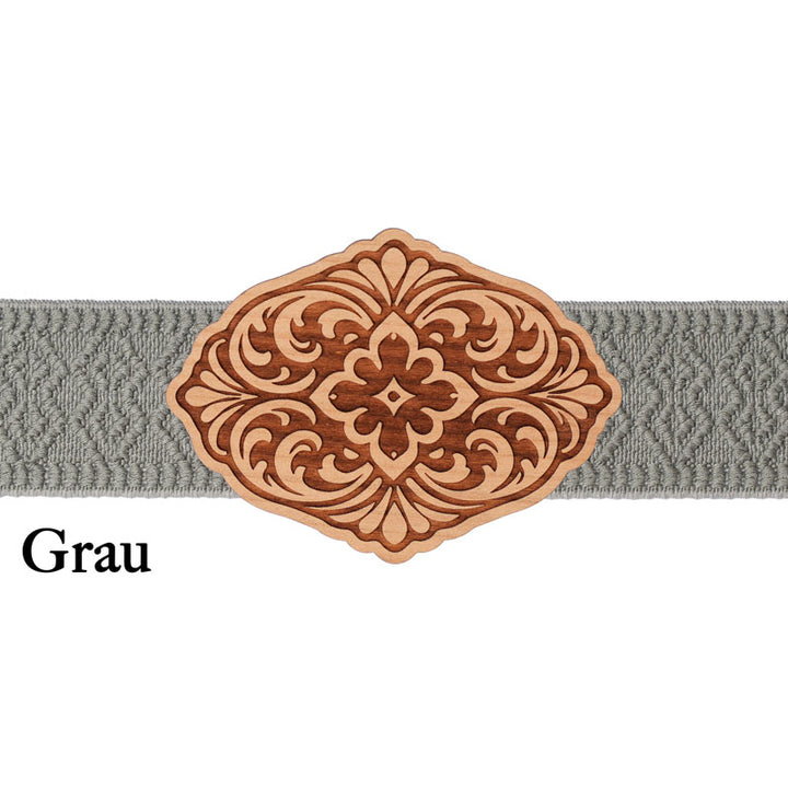 Schürzenschließe aus Holz mit grauem Band