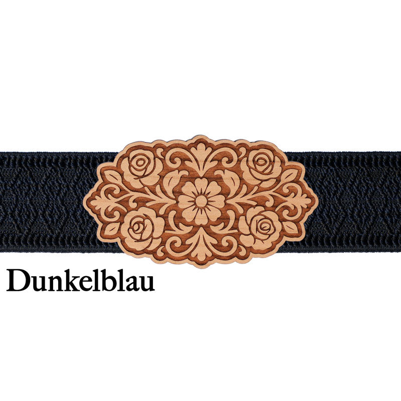 Dirndl Schnalle aus Holz mit dunkelblauem Band
