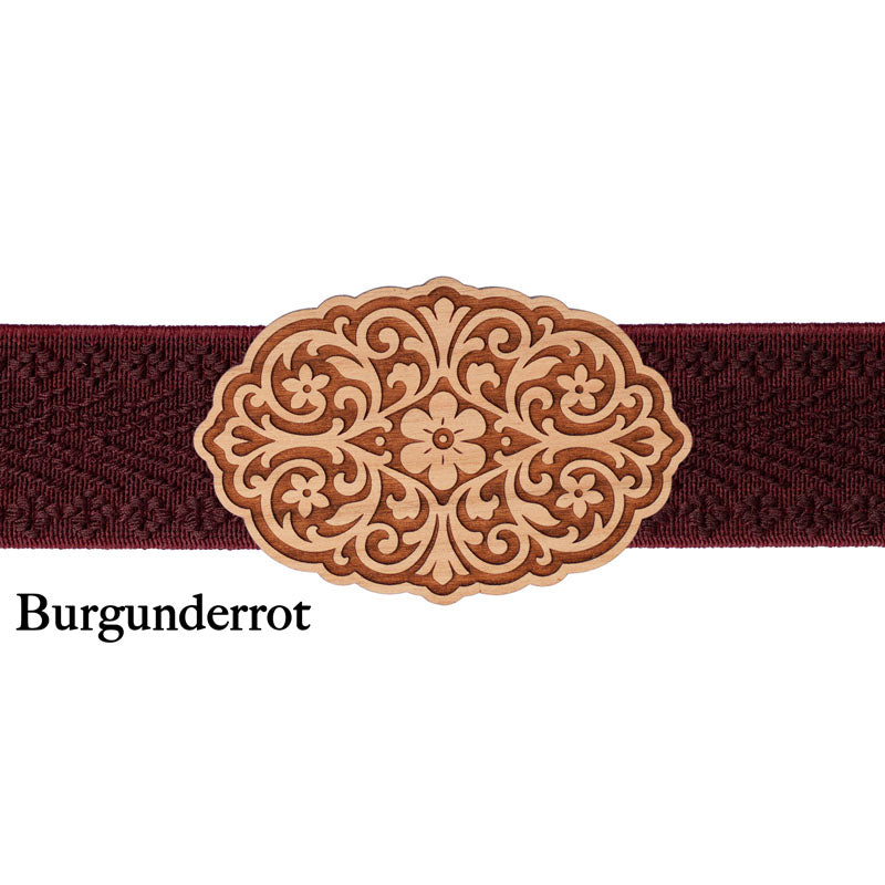 Schürzenschließe Holz mit bordeauxrotem Band
