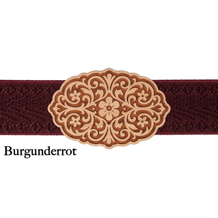 Schürzenschließe Holz mit bordeauxrotem Band