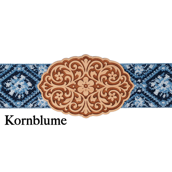 Trachten Schließe Holz mit blau gemustertem Band