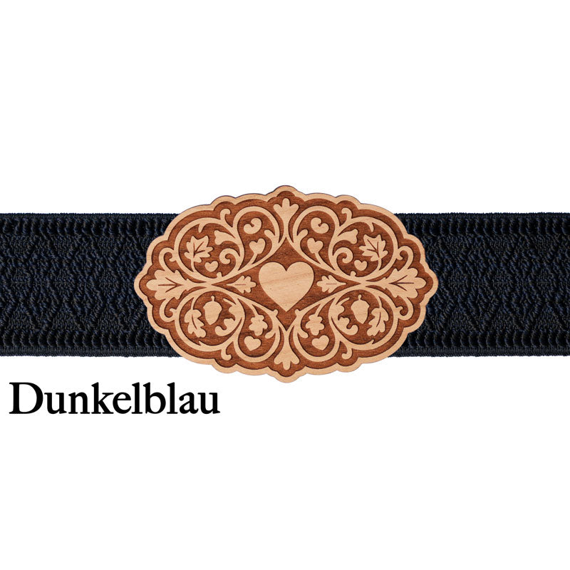 Dirndl Schnalle aus Holz mit dunkelblauem Band