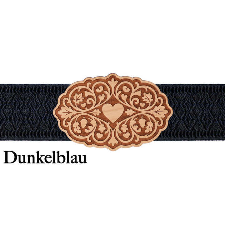 Dirndl Schnalle aus Holz mit dunkelblauem Band