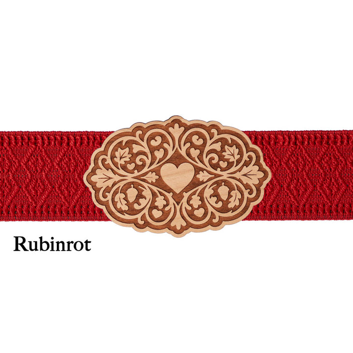 Dirndl Schnalle aus Kirschholz mit rubinrotem Band