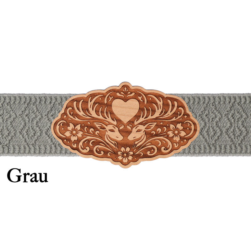 Dirndl Schnalle Holz mit grauem Band und elegantem Ornament