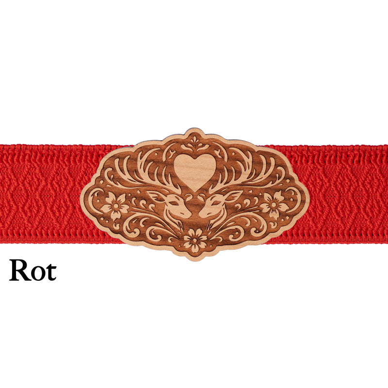 Dirndl Schnalle Holz mit rotem Band und dekorativem Hitsch muster