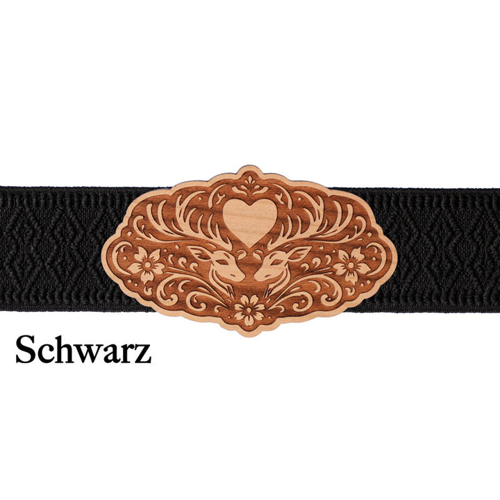 Dirndlschließe Holz mit schwarzem Band und klassischem Design