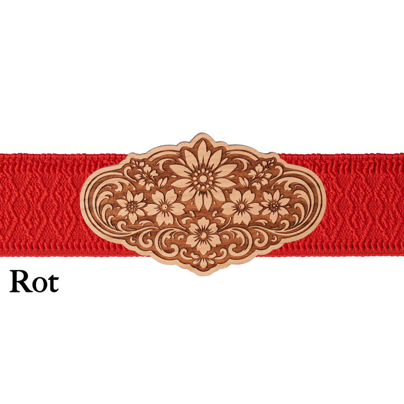 Dirndl Schnalle Holz mit rotem Band und auffälligem Muster