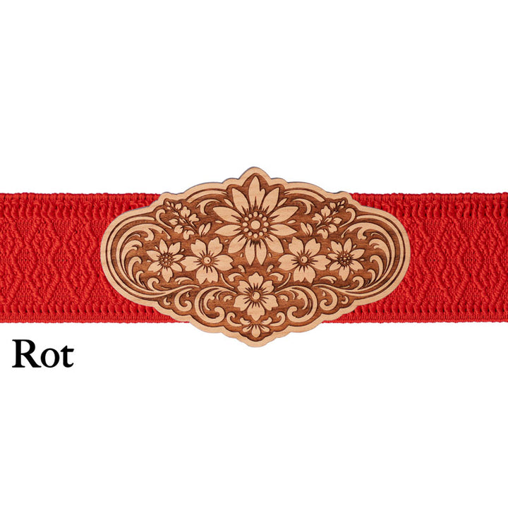 Dirndl Schnalle Holz mit rotem Band und auffälligem Muster