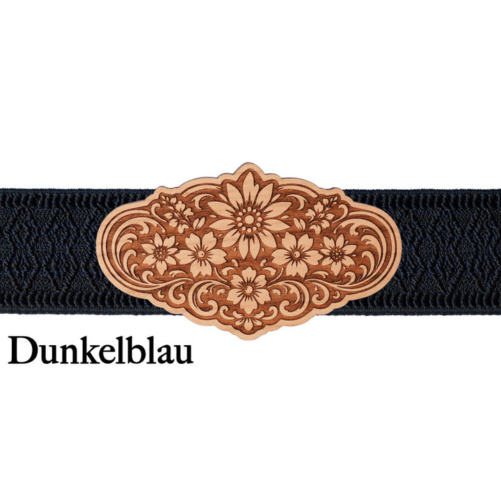 Dirndl Schnalle Holz mit dunkelblauem Band und klassischem Stil