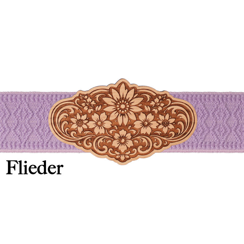 Dirndlschließe Holz mit fliederfarbenem Band und floralem Design