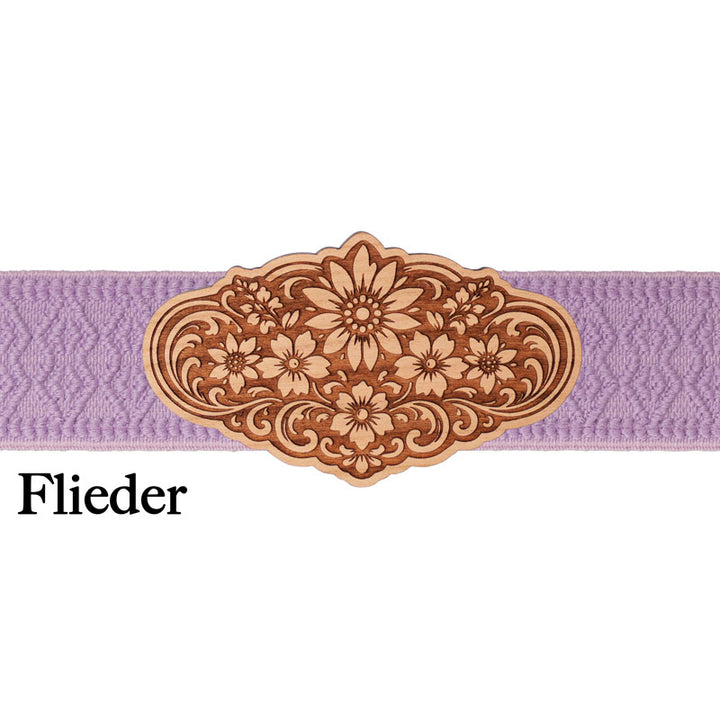 Dirndlschließe Holz mit fliederfarbenem Band und floralem Design