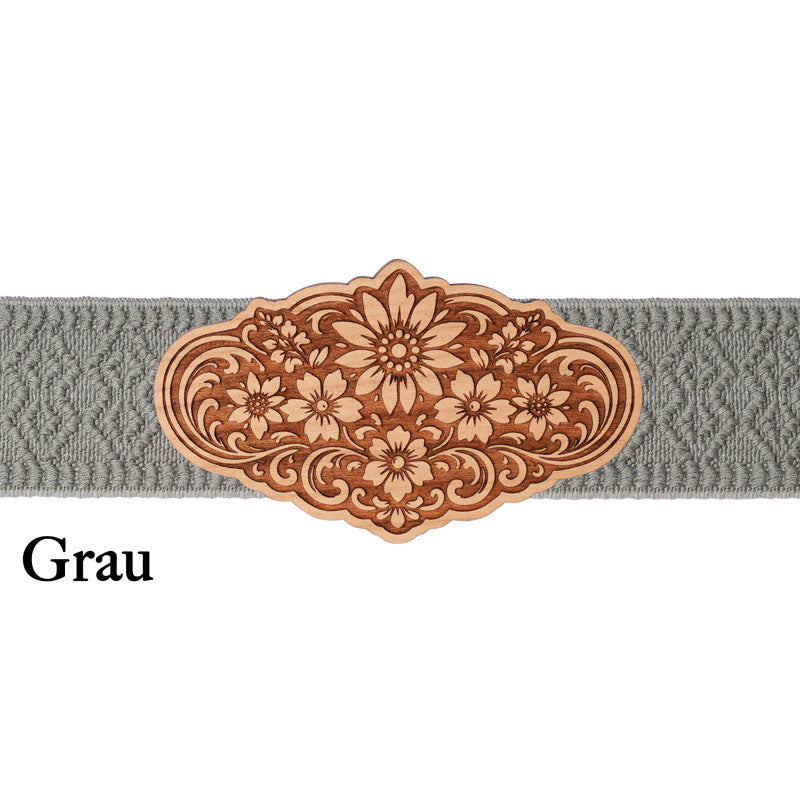 Dirndlschürze Schließe Holz mit grauem Band und schlichter Eleganz