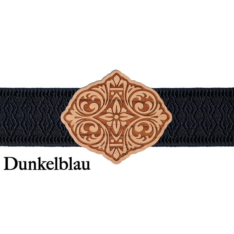 Trachtenschließe Holz mit dunkelblauem Band und eleganter Form