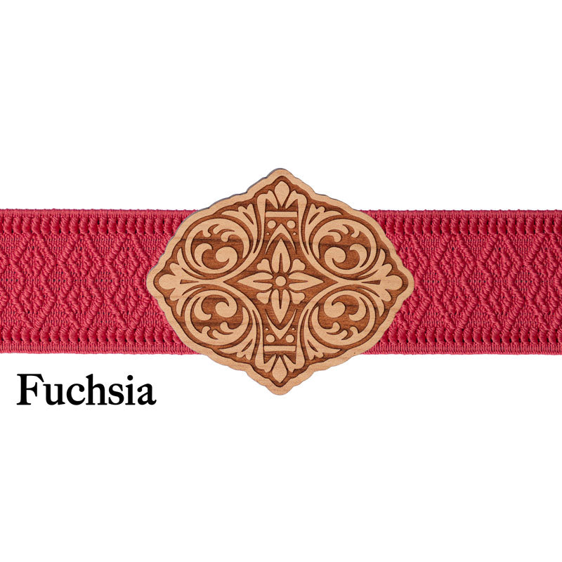 Schließe für Dirndlschürze mit pinkem Band und modernem Design