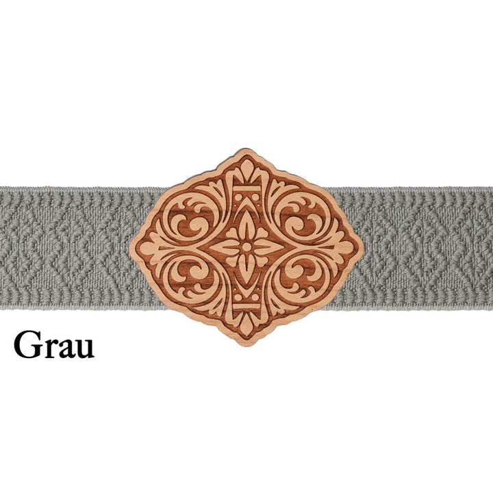 Dirndlschürze Schließe Holz mit grauem Band und ruhiger Optik