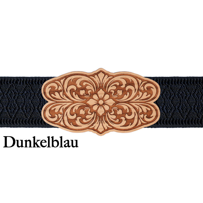 Dirndl Schnalle Holz mit dunkelblauem Band und eleganter Linienführung