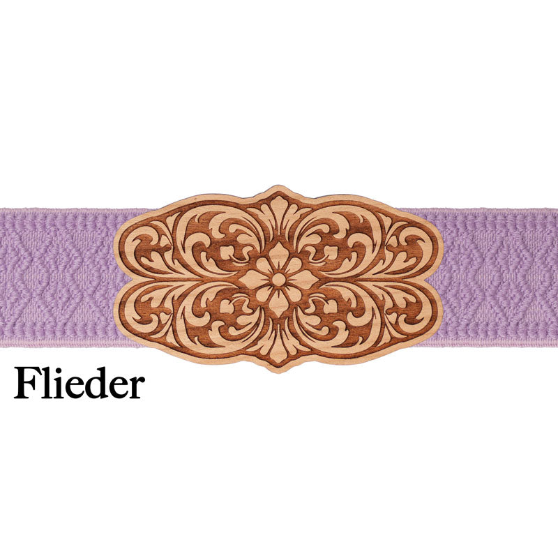Dirndlschließe Holz mit fliederfarbenem Band und floralem Design