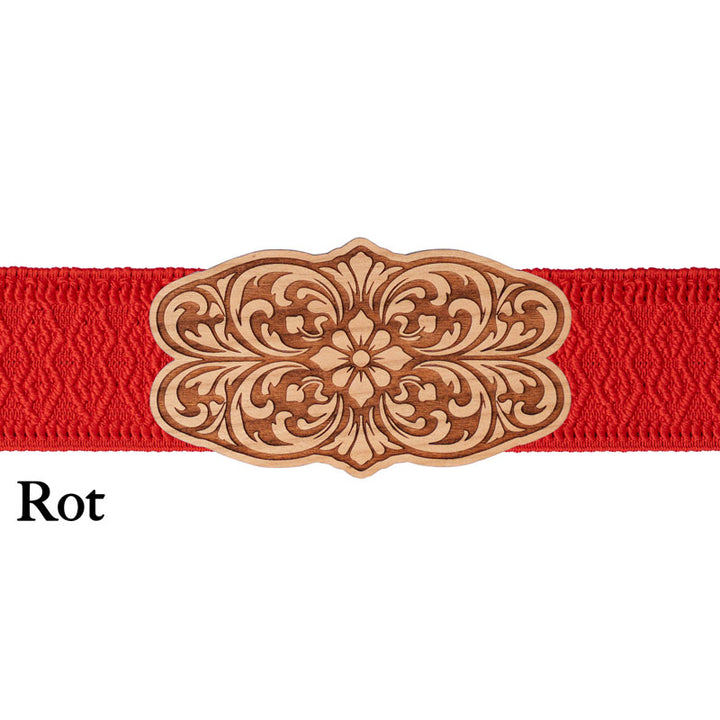 Dirndl Schnalle Holz mit rotem Band und dekorativer Gravur
