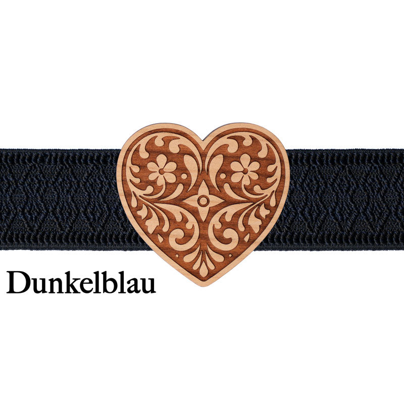 Trachtenschließe Herz Holz mit dunkelblauem Band