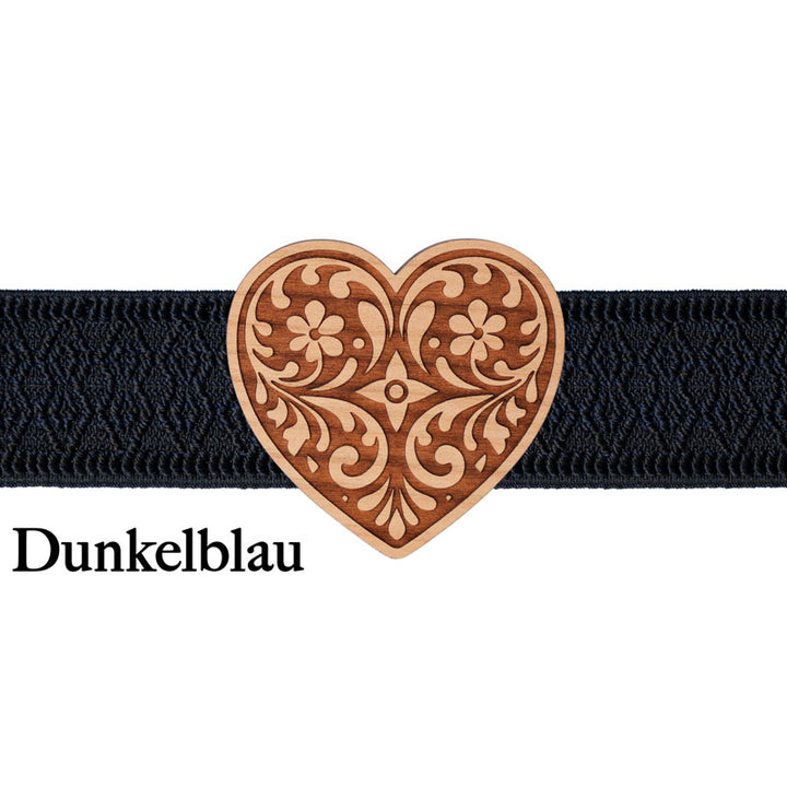 Trachtenschließe Herz Holz mit dunkelblauem Band