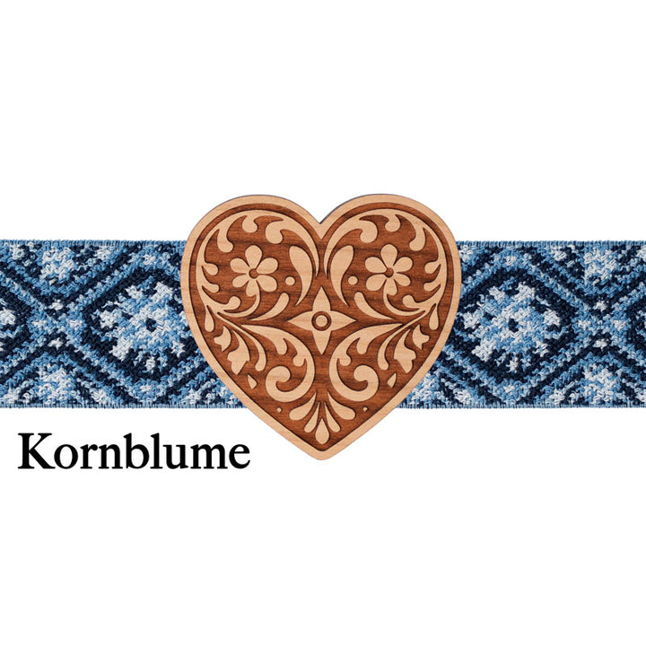 Trachten Schließe Herzform mit blau gemustertem Band