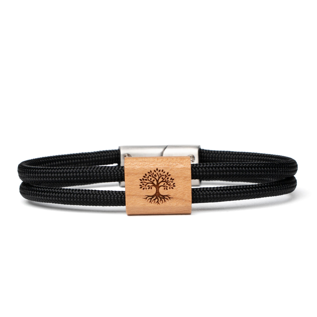 Holzarmband Baum des Lebens mit schwarzem Paracord und graviertem Holzmotiv

