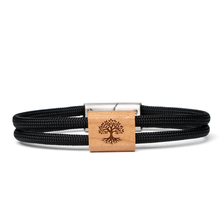Holzarmband Baum des Lebens mit schwarzem Paracord und graviertem Holzmotiv
