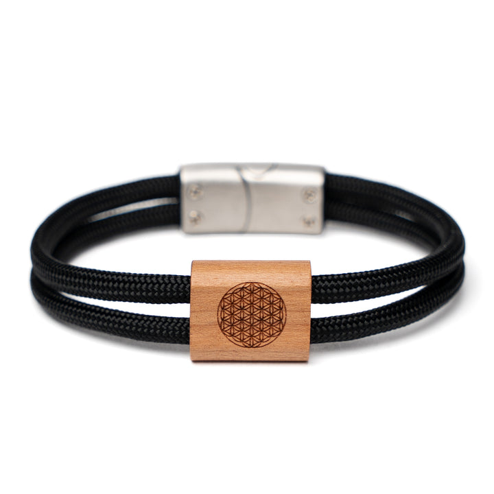 Holzarmband Blume des Lebens für Damen und Herren mit schwarzem Paracord und Magnetverschluss
