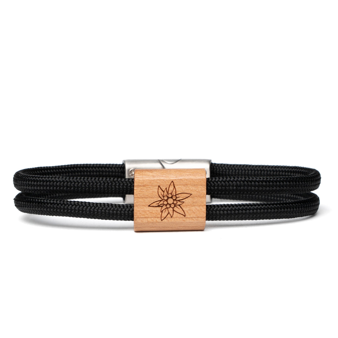 Holzarmband Edelweiß mit schwarzem Paracord und graviertem Edelweiß-Motiv
