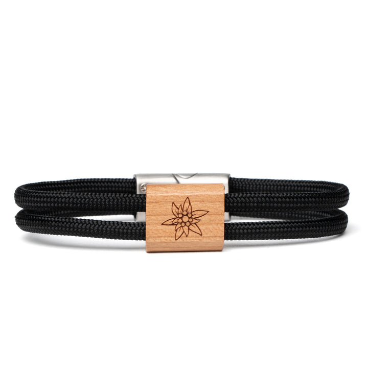 Holzarmband Edelweiß mit schwarzem Paracord und graviertem Edelweiß-Motiv
