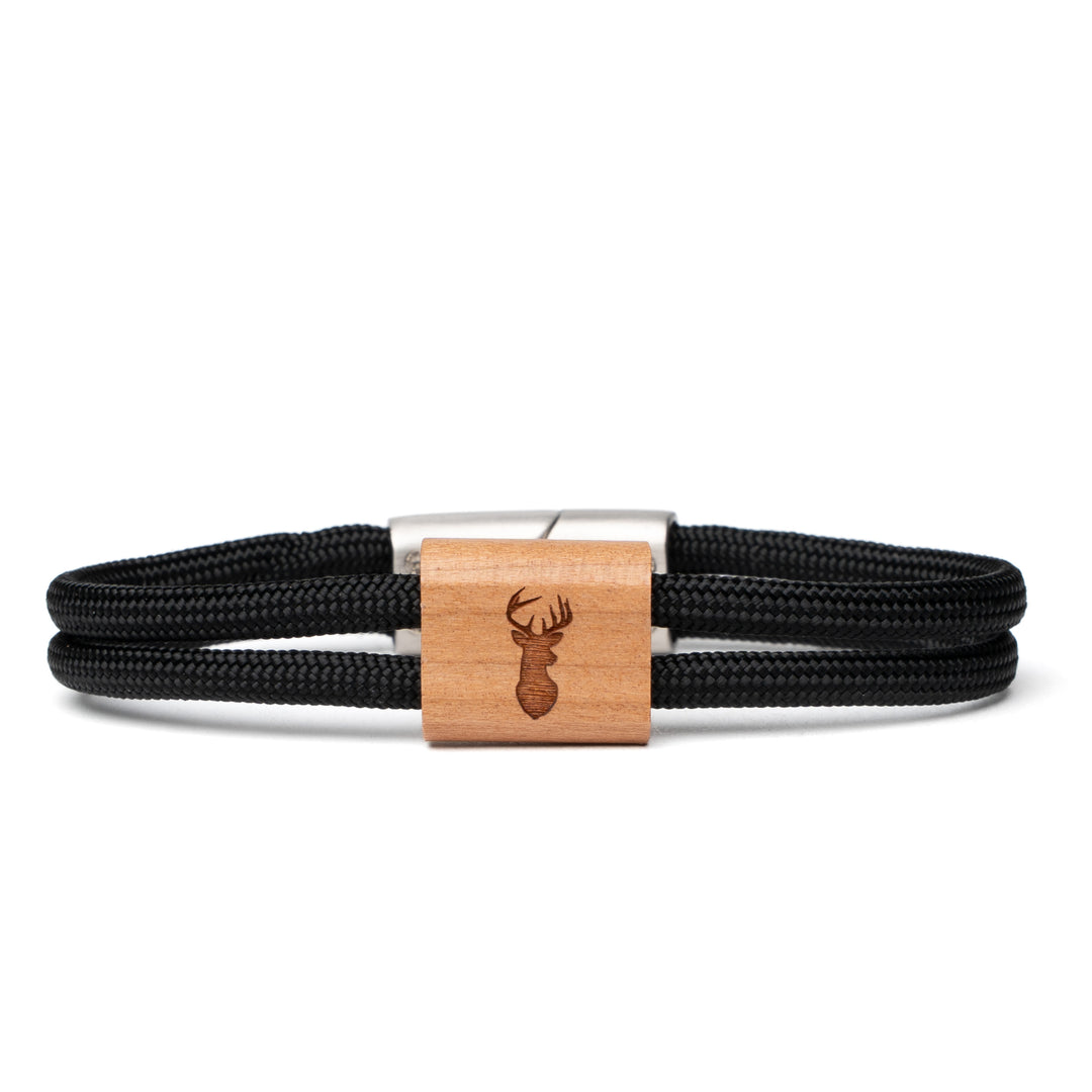 Holzarmband Hirsch mit schwarzem Paracord und graviertem Hirschmotiv
