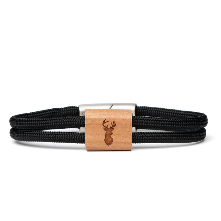 Holzarmband Hirsch mit schwarzem Paracord und graviertem Hirschmotiv
