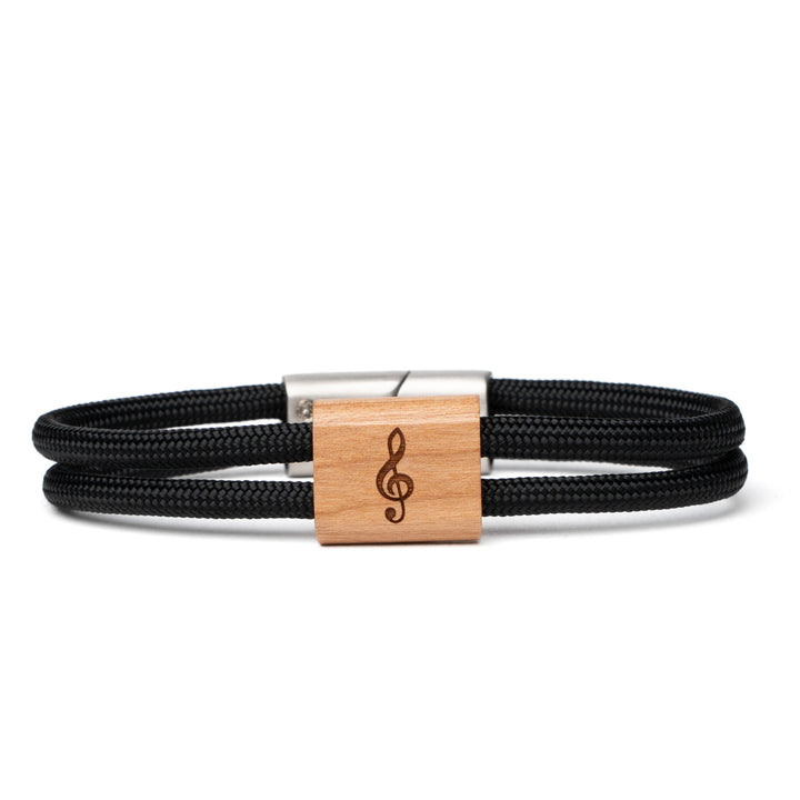Holzarmband mit Notenschlüssel-Gravur und schwarzem Paracord für Musikliebhaber
