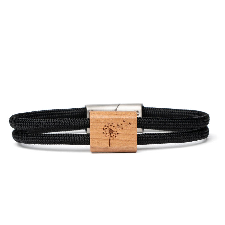 Holzarmband mit gravierter Pusteblume und schwarzem Paracord
für Frauen und Männer armband