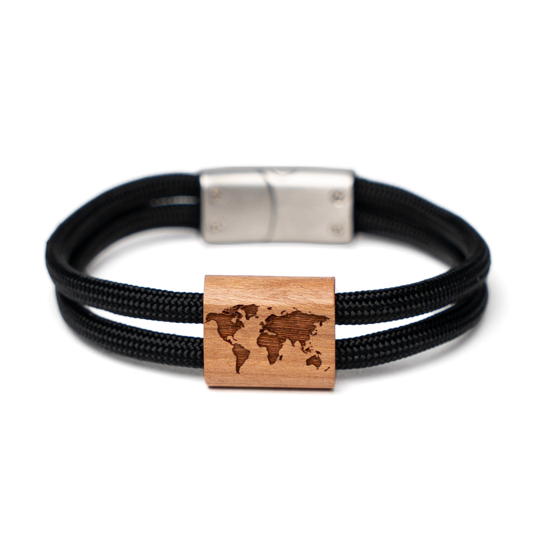 Weltkarten-Armband aus Holz für Damen und Herren mit Paracord und Magnetverschluss
