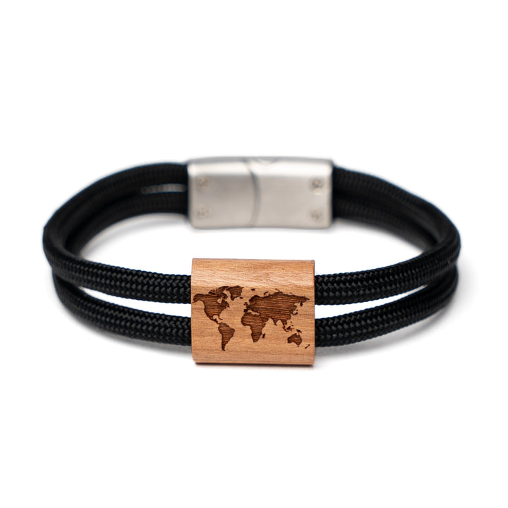 Weltkarten-Armband aus Holz für Damen und Herren mit Paracord und Magnetverschluss
