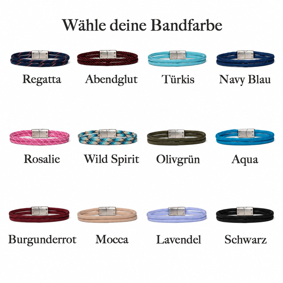 Holzarmband mit zwölf verschiedenen Paracord-Bandfarben zur Auswahl

