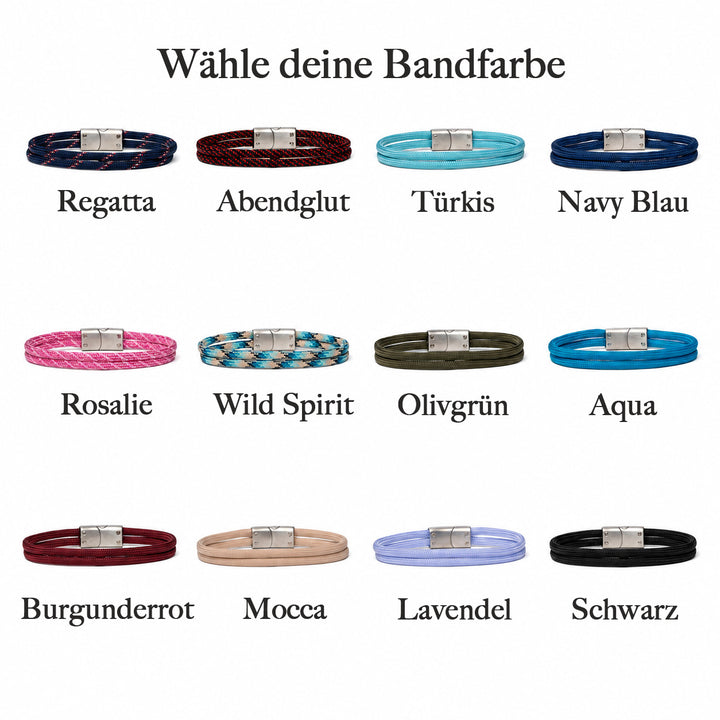 Holzarmband mit zwölf verschiedenen Paracord-Bandfarben zur Auswahl
